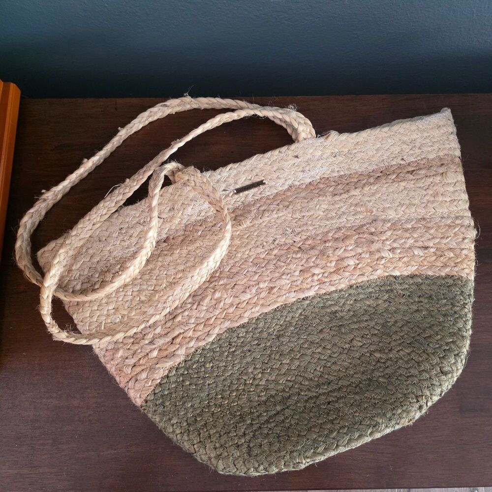Oneill Large Jute Rafia Straw Striped Beach Vacation Braided Market Tote Bag